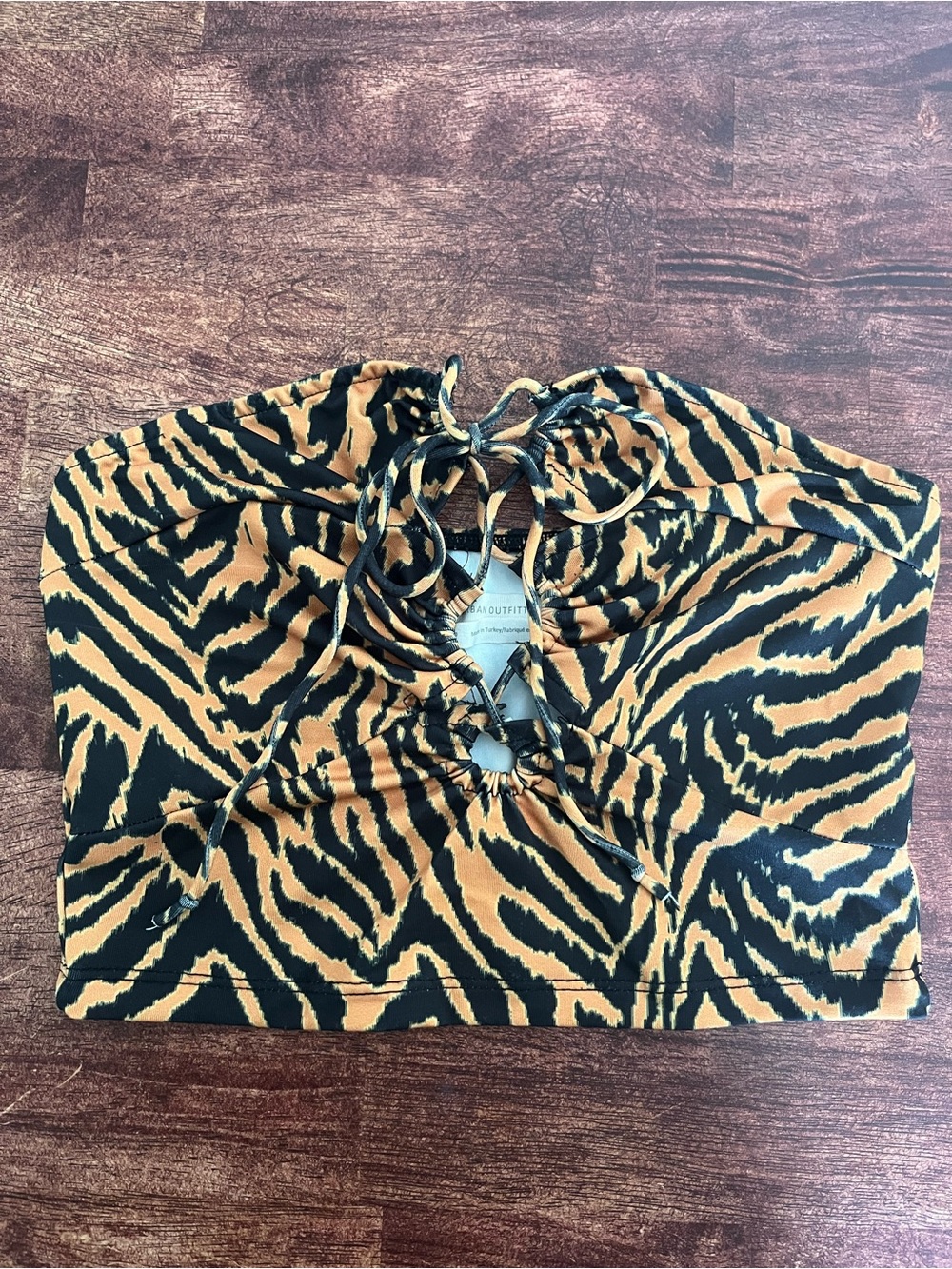 Urban Outfitters Tiger-Print Lace-Up Strapless Crop Top - Black & Tan